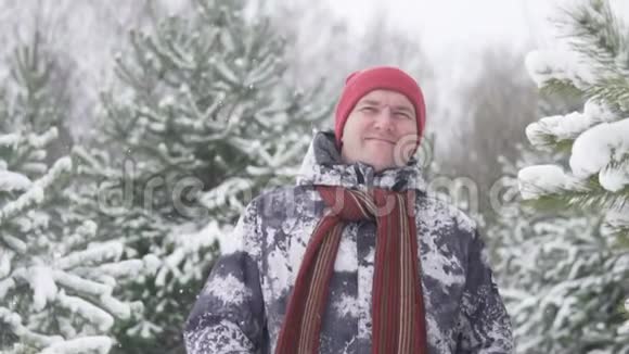 一个胖子站在雪地森林里视频的预览图
