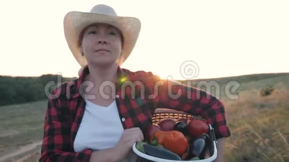 女农夫正提着一盒装满蔬菜的盒子有机食品健康的生活方式视频的预览图