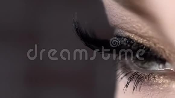 特写在美丽的女性眼睫毛上涂上睫毛膏行动具有超卷曲效应的不可思议的睫毛长度视频的预览图