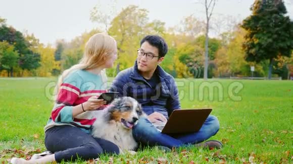 学生们在公园里放松亚洲男人用一个笔记本电脑女人旁边坐着平板电脑视频的预览图