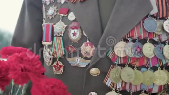 伟大的卫国战争和第二次世界大战的退伍军人穿着制服戴着许多徽章和命令带着红花关闭视频的预览图