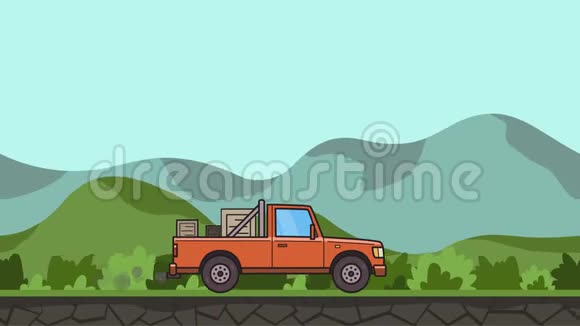 带有箱子的动画皮卡车在绿色山谷中行驶在丘陵地带移动送货车视频的预览图