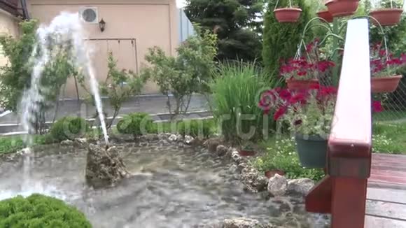庭院中的小喷泉后面装饰着鲜花视频的预览图