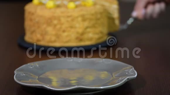 新鲜自制蜂蜜蛋糕Medovik把一块蜂蜜蛋糕放进碗里视频的预览图