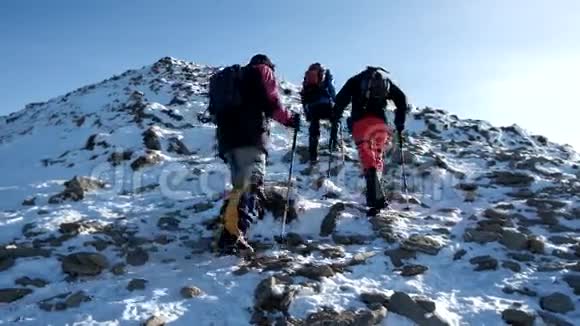 一群游客一起在美丽的冬山徒步旅行视频的预览图