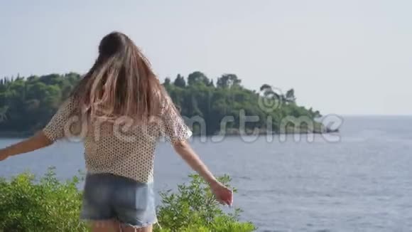 年轻快乐的女人对抗大海视频的预览图