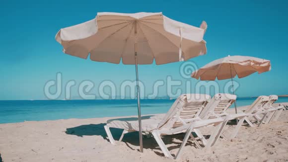 沙滩上有雨伞的太阳椅视频的预览图