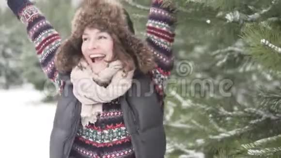 美丽的女人在雪中欢乐视频的预览图