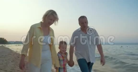 祖父母和小孙子在海滩上散步视频的预览图