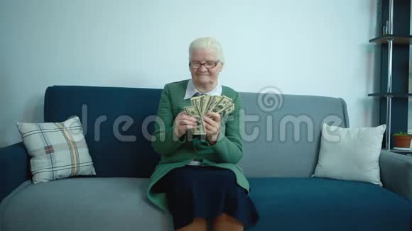坐在沙发上的祖母数钱视频的预览图