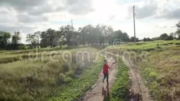 一个小男孩带着风筝跑过田野孩子在大自然中散步视频的预览图