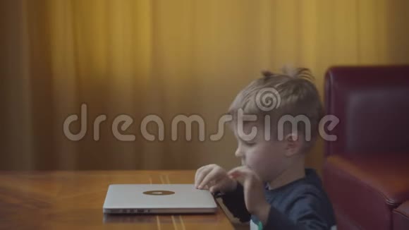 金发的学龄前男孩打开笔记本电脑打字微笑着看着电脑屏幕孩子在家在线学习视频的预览图