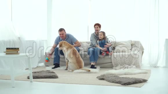 一家人和他们的狗在家玩视频的预览图