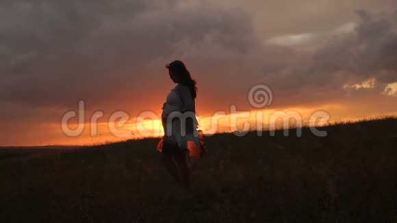 日落时分一位美丽的孕妇在一片狂风大作的田野上的剪影视频的预览图