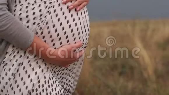 一个怀孕女孩的特写镜头她站在一个大池塘的背景下视频的预览图
