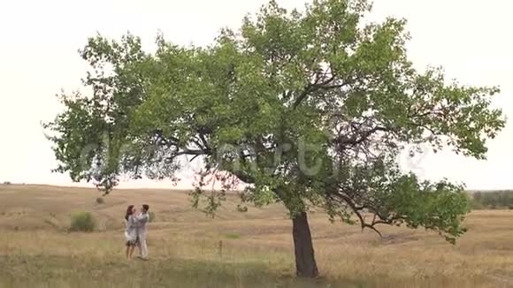 一个怀孕的家庭在一棵大树附近的田野上的肖像视频的预览图