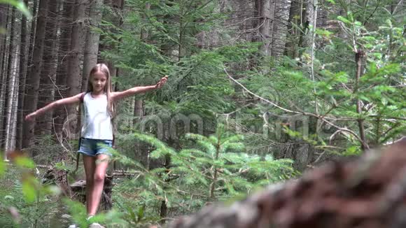 森林里的孩子漫步树木公园里的孩子野营探险女孩视频的预览图