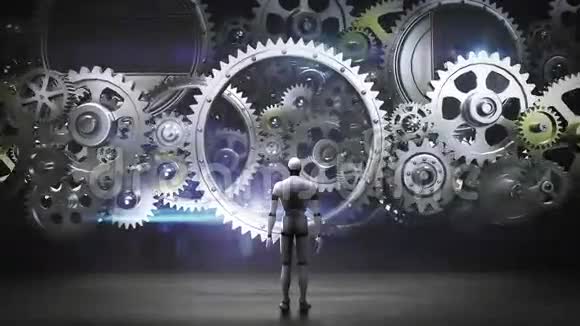 机器人半机人站立大齿轮连接齿轮人工智能计算机技术视频的预览图