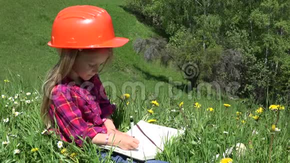 4K孩子工程师在头盔上写笔记本孩子在草地上女孩在户外玩山地微笑视频的预览图