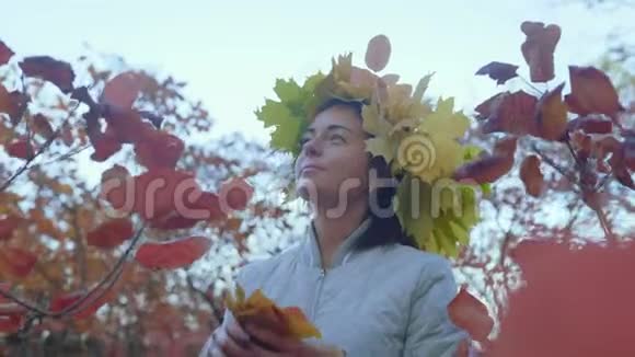 美丽的女人头上长着一朵花从秋叶树上折断视频的预览图