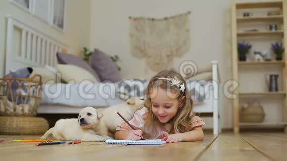 小女孩在木偶附近用铅笔画画视频的预览图