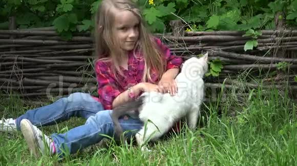 孩子与猫玩耍孩子宠爱宠物快乐微笑女孩与小猫在草地花园视频的预览图
