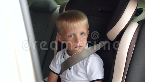 夏天旅行时坐在儿童车座欢快的笑男孩的肖像视频的预览图