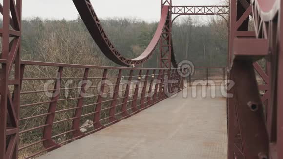 运动员们在桥上过河年轻的白种人夫妇在公园慢跑背面的景色男性和女性在户外跑步视频的预览图