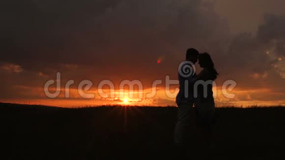 日落时分一位孕妇和她的丈夫在田野里的剪影视频的预览图