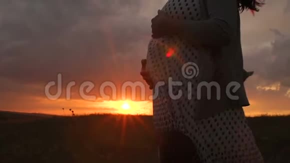 日落时分一个穿着裙子在田野里随风飘舞的怀孕少女的剪影视频的预览图