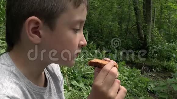 疲惫的10岁男孩坐在夏天的森林里吃饼干露天野餐徒步旅行在大自然中背包旅行视频的预览图