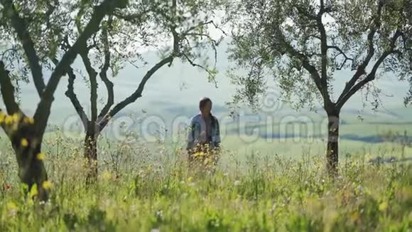美丽的女孩穿着浪漫的衣服牛仔夹克走在橄榄树之间托斯卡纳视频的预览图