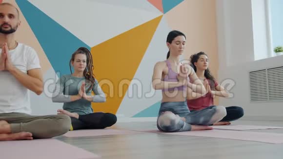 坐在莲花姿势的舒适工作室里女孩和男人在瑜伽练习中享受冥想视频的预览图
