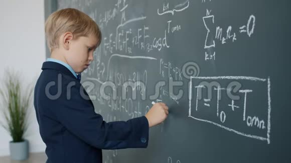 小神童在忙于科学的粉笔板上写计算的画像视频的预览图