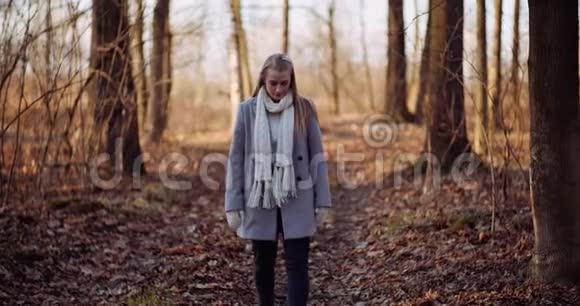 秋天积极女性在树林中散步的肖像视频的预览图