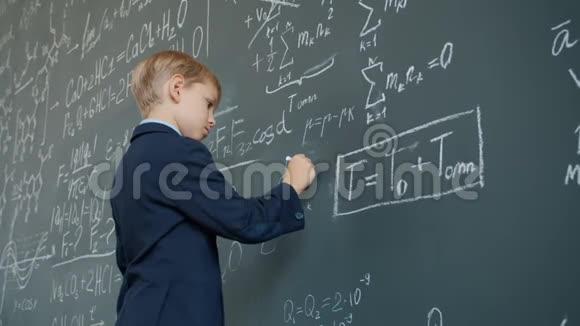小角度观看聪明的小学生在黑板上用粉笔书写公式视频的预览图