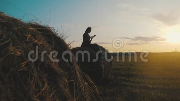 女孩农夫在日落时在干草堆旁边的田野里使用平板电脑智能农业利用现代农业技术视频的预览图