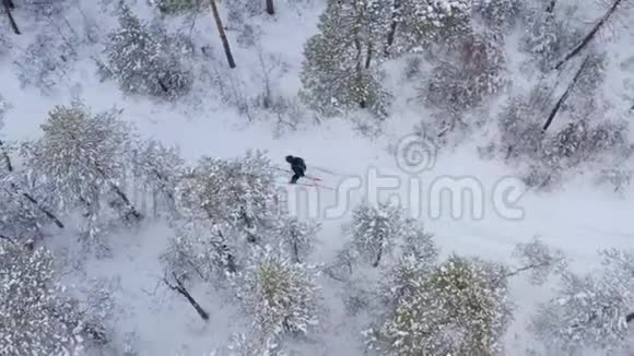 一个年轻人在冬天的森林里滑雪鸟瞰图视频的预览图