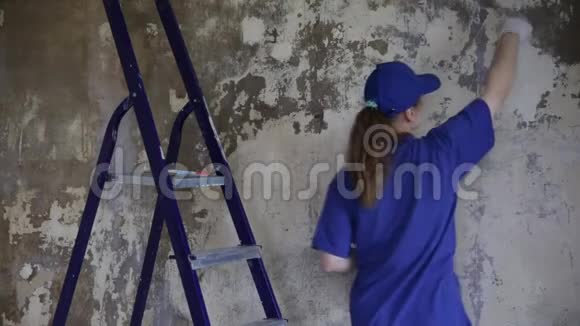 一个穿着蓝色t恤和棒球帽的年轻女人在公寓里修理刷墙上底漆墙体准备视频的预览图