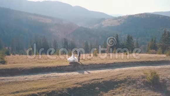 新婚夫妇在高高的山坡上跳舞新郎和新娘空中景观视频的预览图