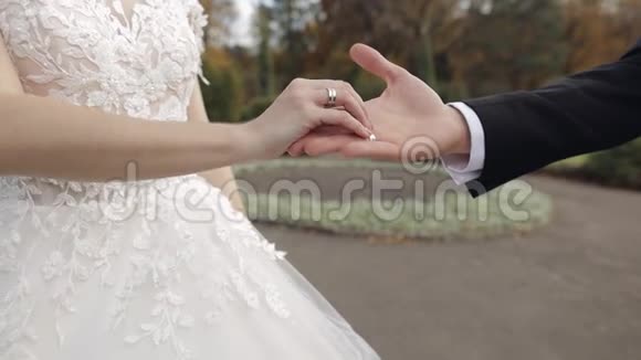 新婚夫妇新郎和新娘的手在公园里新婚夫妇幸福家庭视频的预览图