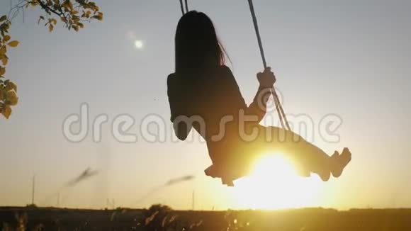 剪影少女在阳光下的树下荡秋千家庭的乐趣视频的预览图