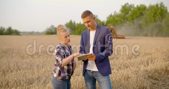 农业收割时在麦田说话的男女农民视频的预览图