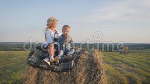 日落时分弟弟和姐姐坐在田野的干草堆上喝牛奶视频的预览图