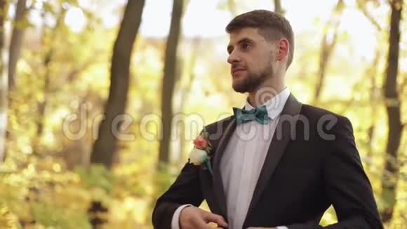 在黄色的秋天公园里棕色头发的年轻人结婚纪念日商人视频的预览图