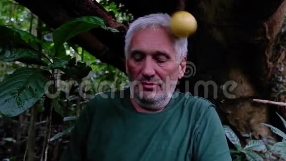水果落在丛林中某处一个人的头上视频的预览图