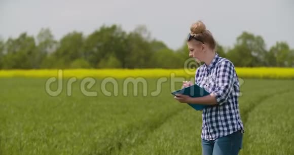 农业女农民检查小麦田视频的预览图
