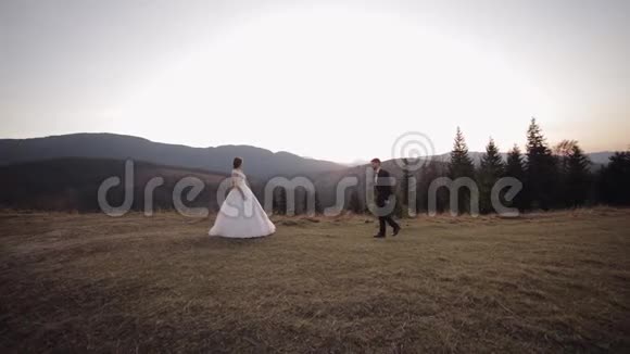 新婚夫妇白人新郎和新娘在山坡上新郎提议视频的预览图