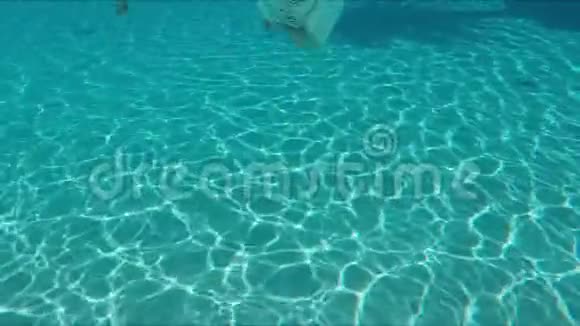 戴泳镜的男孩正在游泳池里潜水并向照相机挥手视频的预览图