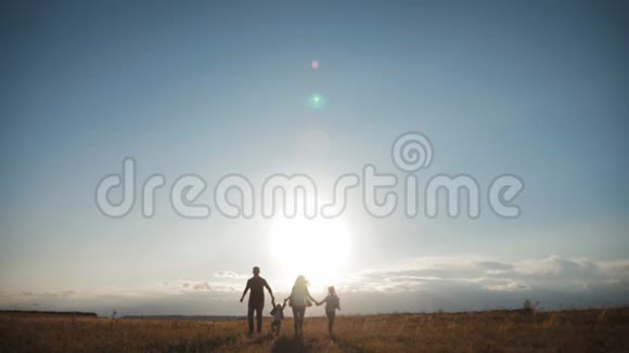 日落时和孩子们一起快乐的年轻家庭人们在夏日夕阳草地上剪影友好的概念视频的预览图